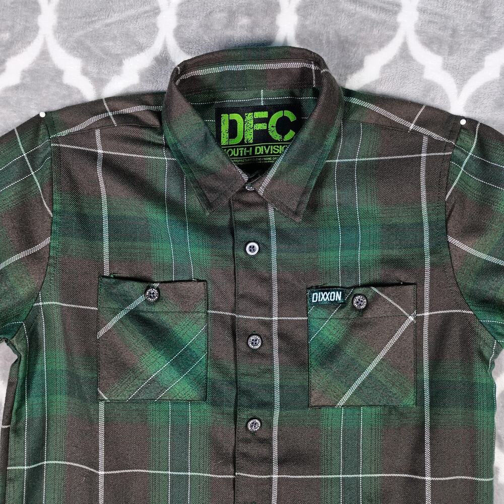 Dixxon Twin Palms Flannel Shirt Boy Medium Green Plaid Button Up Long Sleeve DFC